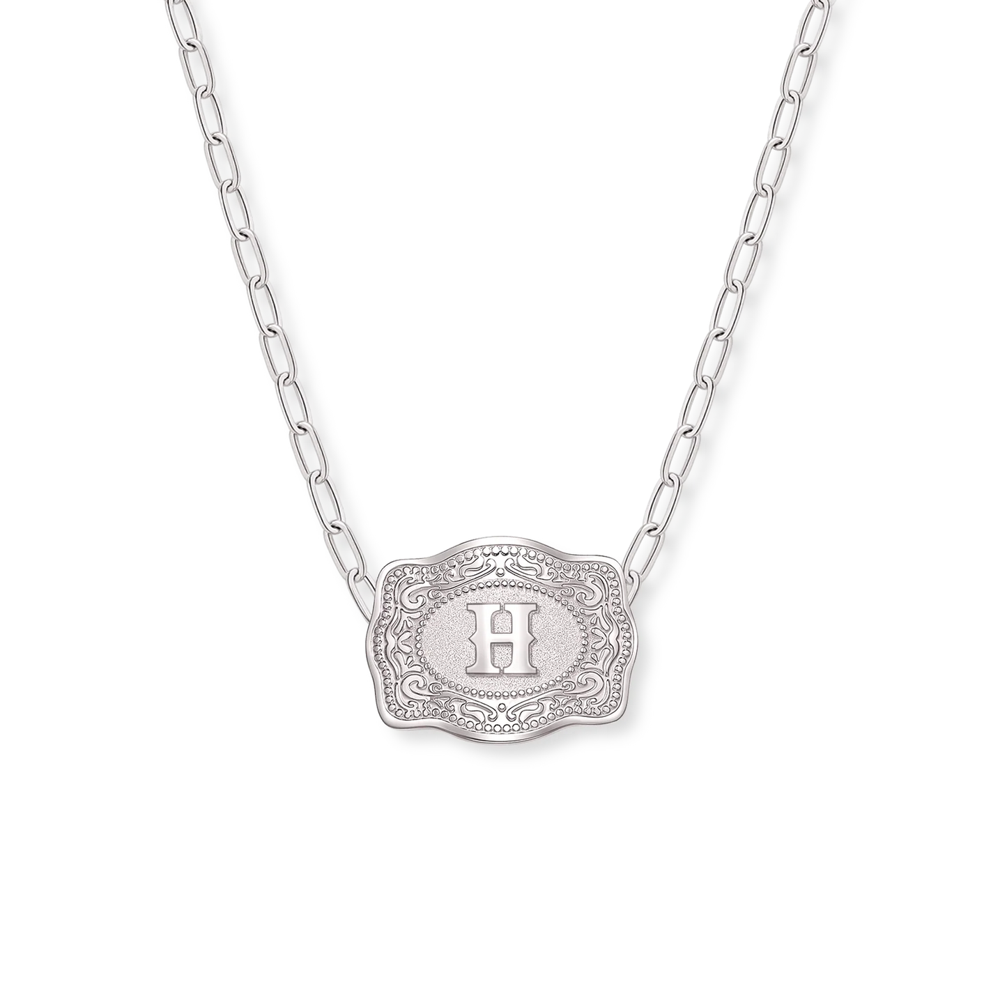 SpurWest Mini Belt Buckle Necklace (Initial) Paper Clip Chain (18" adjustable) - Silver