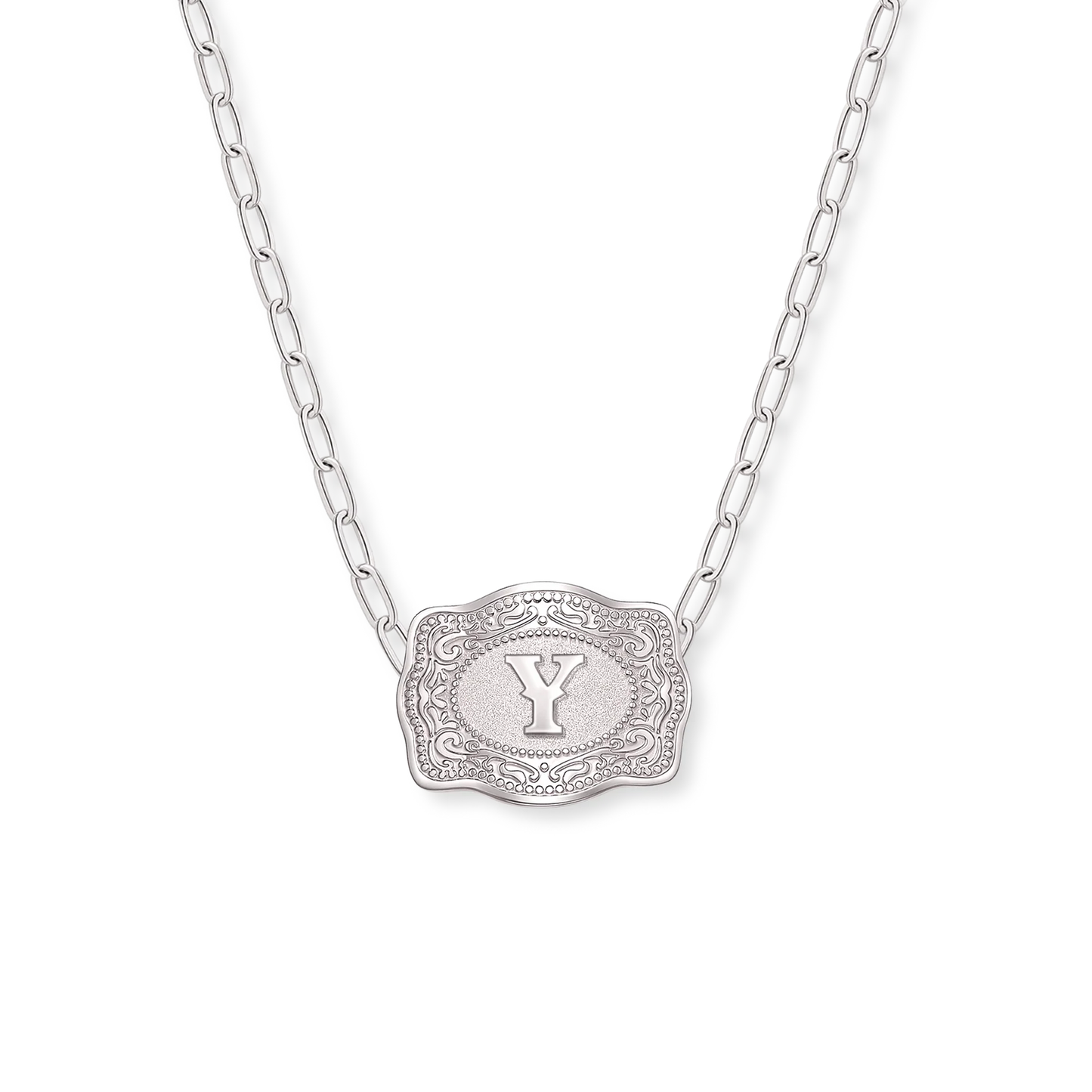 SpurWest Mini Belt Buckle Necklace (Initial) Paper Clip Chain (18" adjustable) - Silver