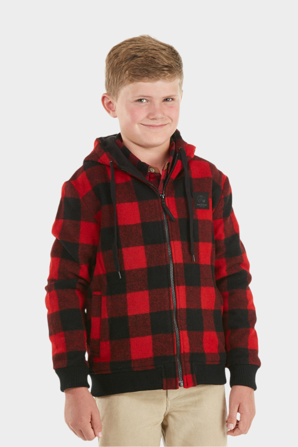 Swanndri Kid's Crooked River Wool Hoodie - Red/Black Check