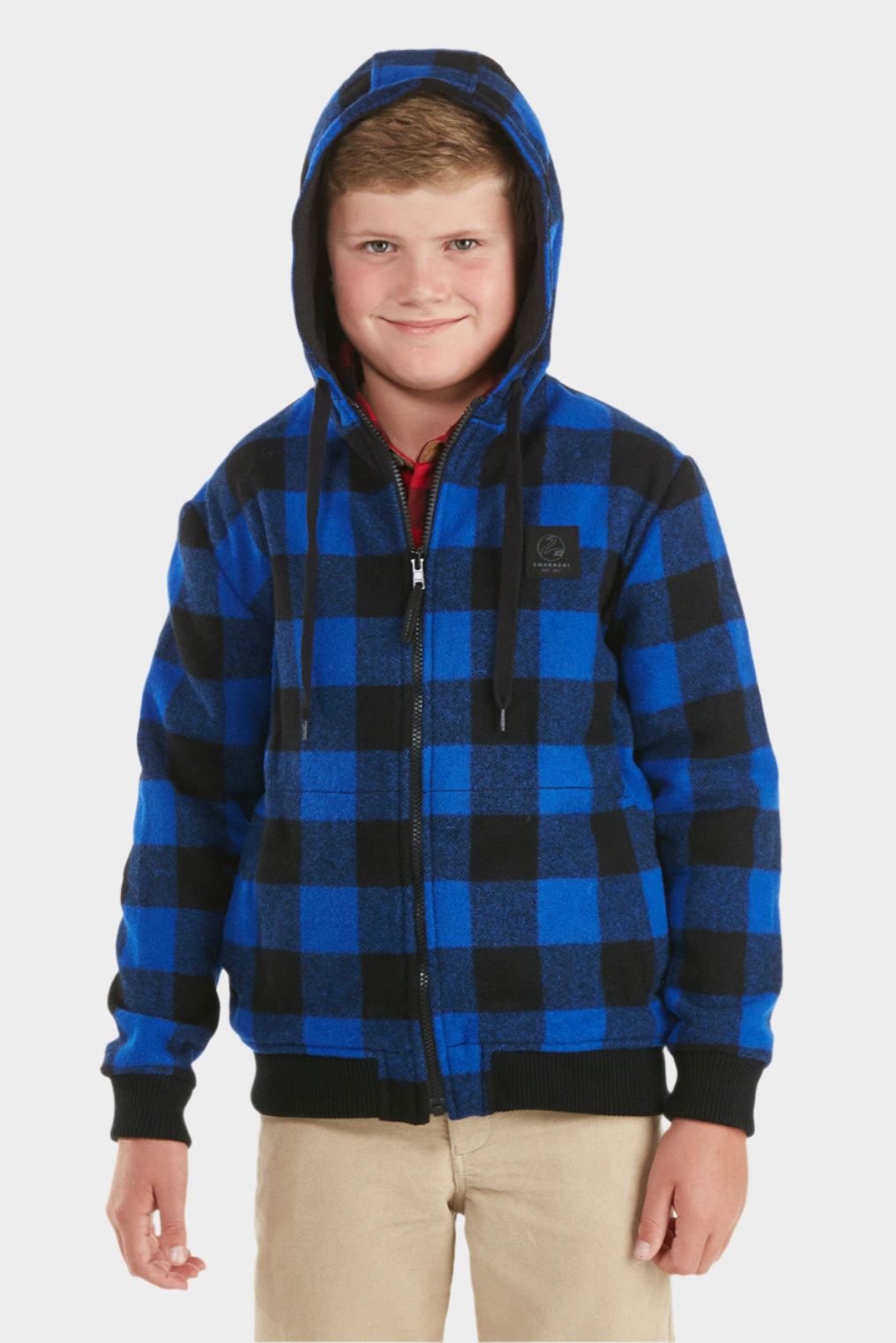Swanndri Kid's Crooked River Wool Hoodie - Blue/Black Check