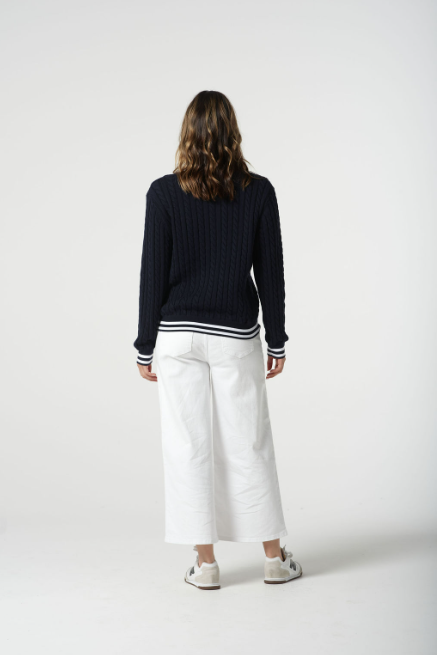 Goondiwindi Cotton Cable Knit Polo Jumper - Navy/White