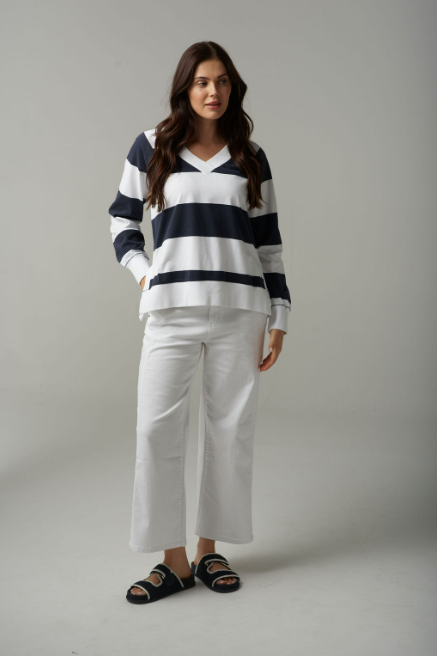 Goondiwindi Cotton Stripe V Neck Sweater - White/Parisian Navy