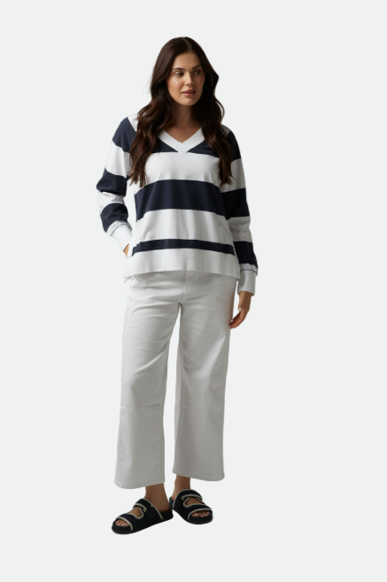 Goondiwindi Cotton Stripe V Neck Sweater - White/Parisian Navy