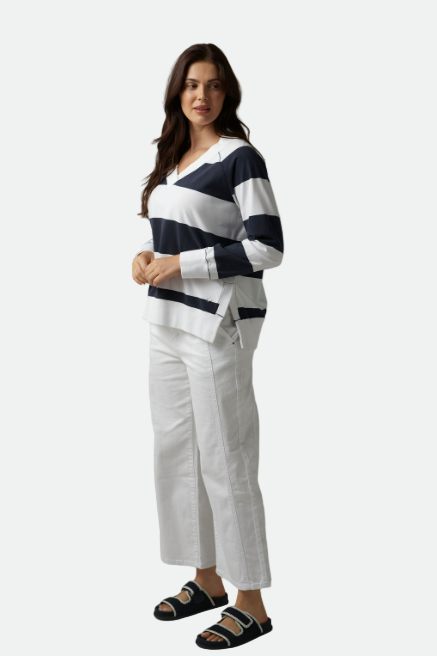 Goondiwindi Cotton Stripe V Neck Sweater - White/Parisian Navy