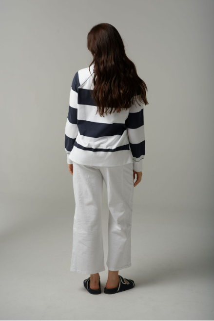 Goondiwindi Cotton Stripe V Neck Sweater - White/Parisian Navy