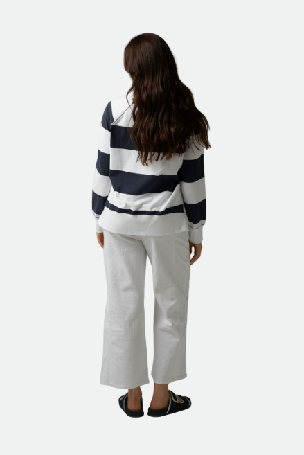 Goondiwindi Cotton Stripe V Neck Sweater - White/Parisian Navy