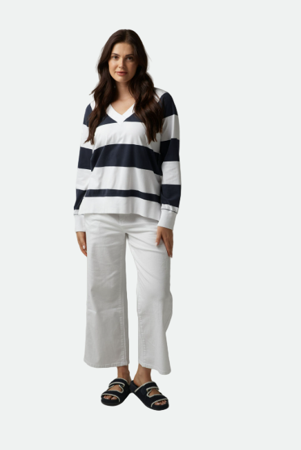 Goondiwindi Cotton Stripe V Neck Sweater - White/Parisian Navy