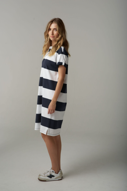 Goondiwindi Cotton Stripe Rugby Dress - White/Parisian Navy