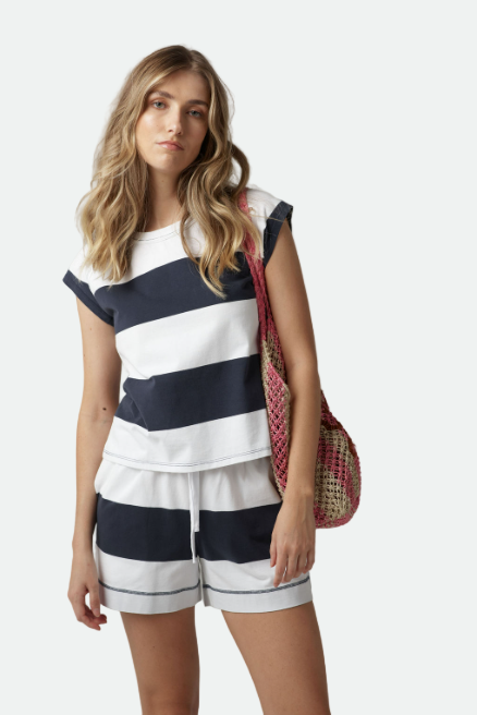 Goondiwindi Cotton Stripe Shorts - White/Parisian Navy