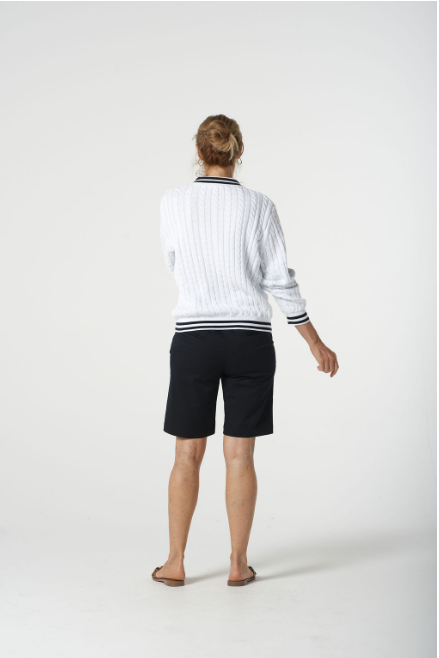 Goondiwindi Cotton Cable Knit Polo Jumper - White/Navy