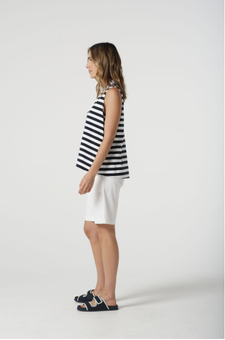 Goondiwindi Cotton Sleeveless Stripe Polo - White/Navy