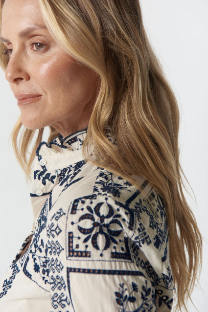 Goondiwindi Cotton Wattle Frill Cotton Shirt - Cream/Navy