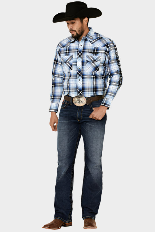 Wrangler® Logo Blues Plaid Long Sleeve Snap Shirt