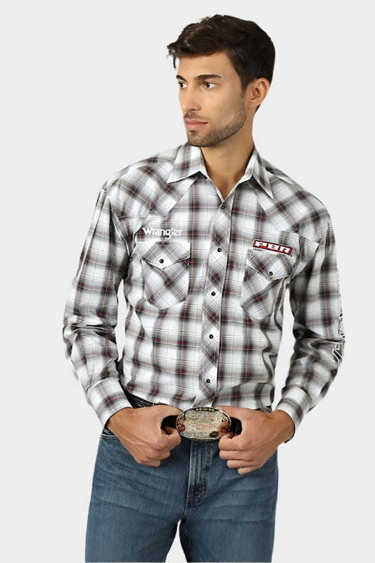 Wrangler® PBR Logo Black/White Plaid Long Sleeve Snap Shirt MHS236M