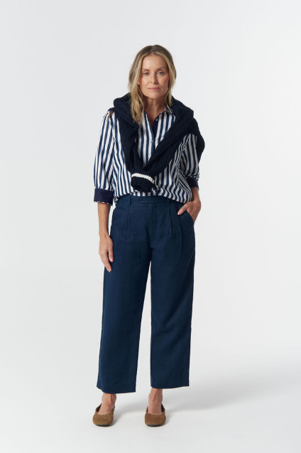 Goondiwindi Cotton Classic ¾ Sleeve Cotton Shirt - Dark Navy/White