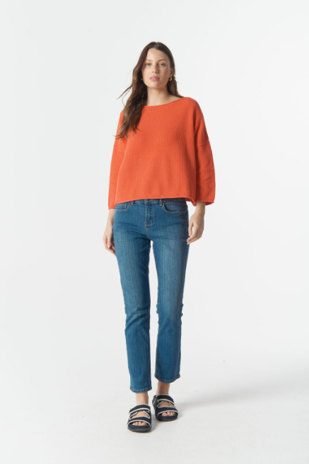 Goondiwindi Cotton Rib Boxy Knit ¾ Sleeve Jumper - Sunset