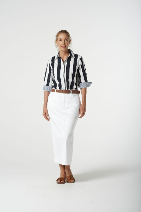 Goondiwindi Cotton ¾ Sleeve Thick Stripe Shirt - Navy Stripe Trim