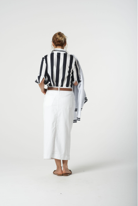 Goondiwindi Cotton ¾ Sleeve Thick Stripe Shirt - Navy Stripe Trim
