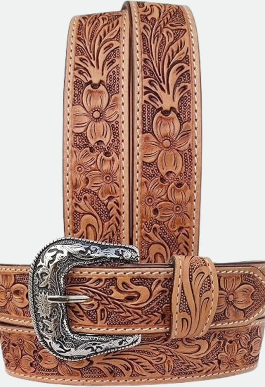 Challenger Western Antique Floral Tooled Full-Grain Leather Belt