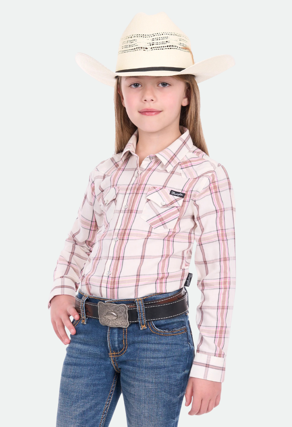 Wrangler Girl’s Henley Check Long Sleeve Shirt - Ivory/Pink