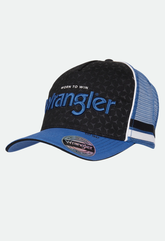 WRANGLER MENS JACK HP TRUCKER CAP (BLACK/ROYAL BLUE)