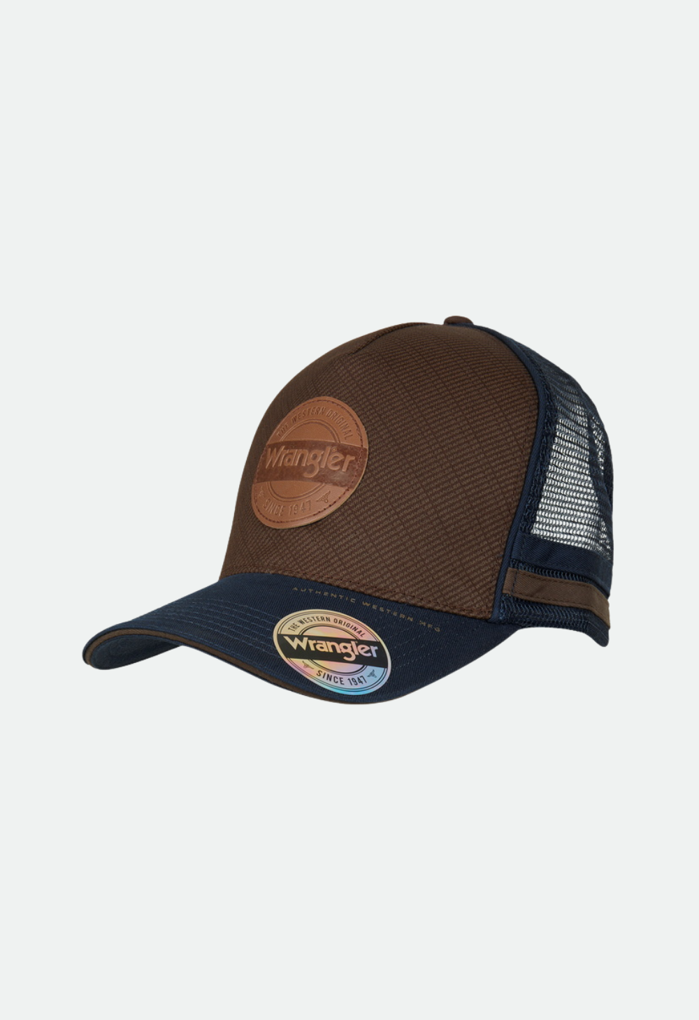 WRANGLER MENS LIAM HP TRUCKER CAP (DARK TAN/NAVY)