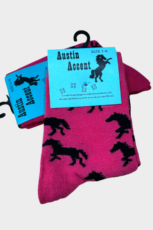 Austin Accent Kids Socks Hot Pink with Black Horses
