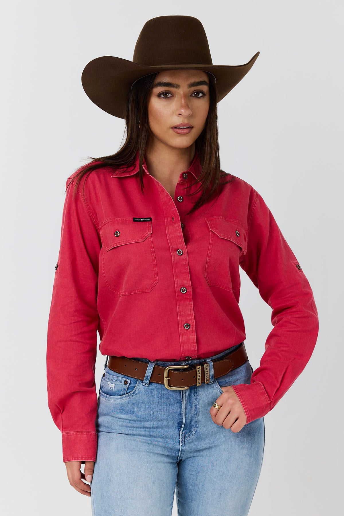 Ringers Western Womens Rugged Full Button Work Shirt - Berry