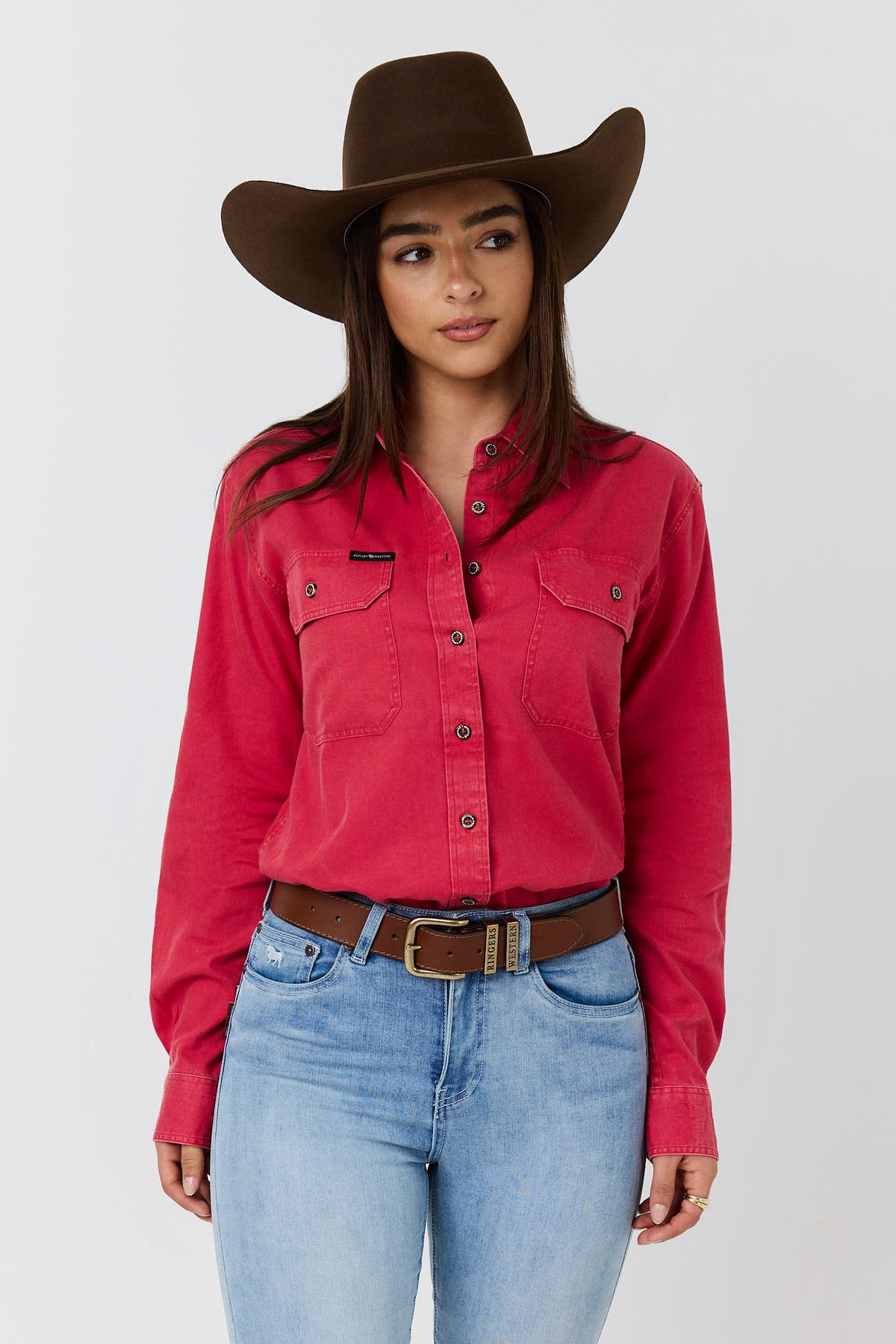Ringers Western Womens Rugged Full Button Work Shirt - Berry