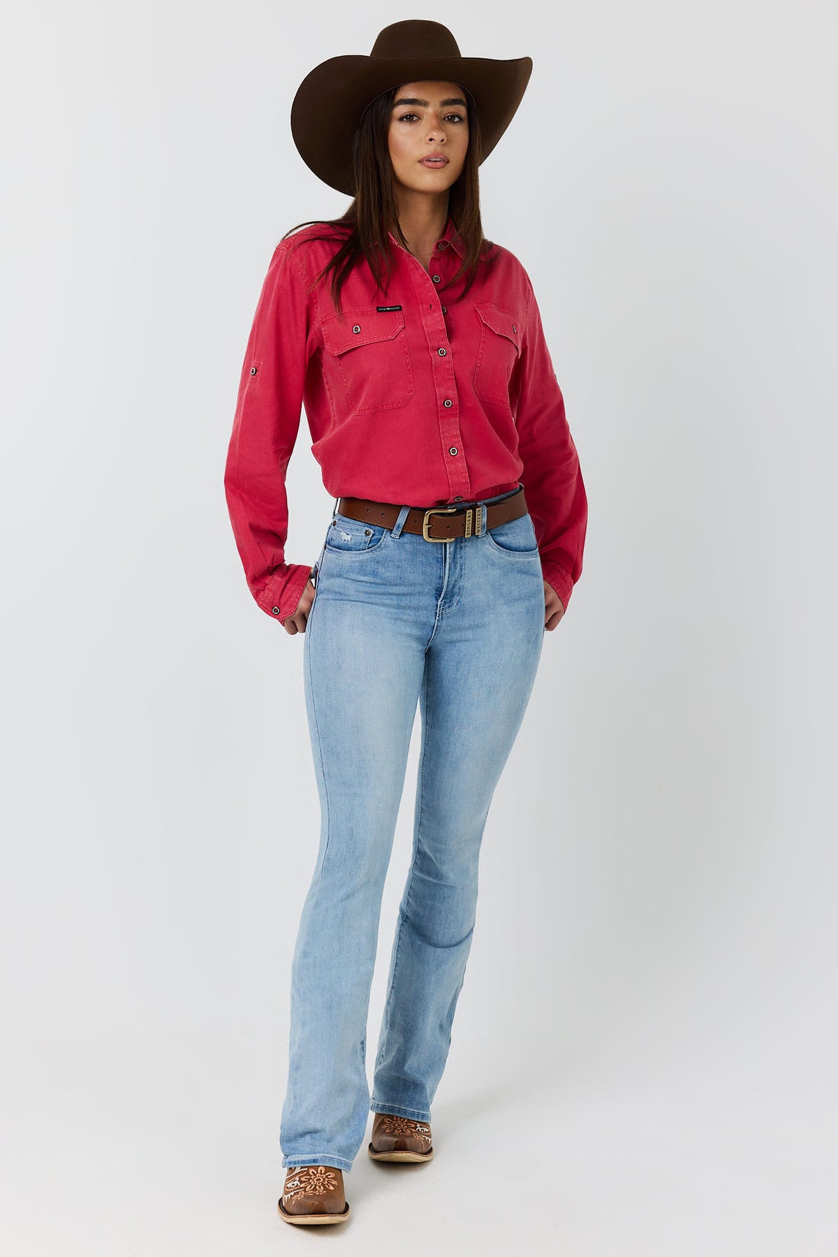 Ringers Western Womens Rugged Full Button Work Shirt - Berry