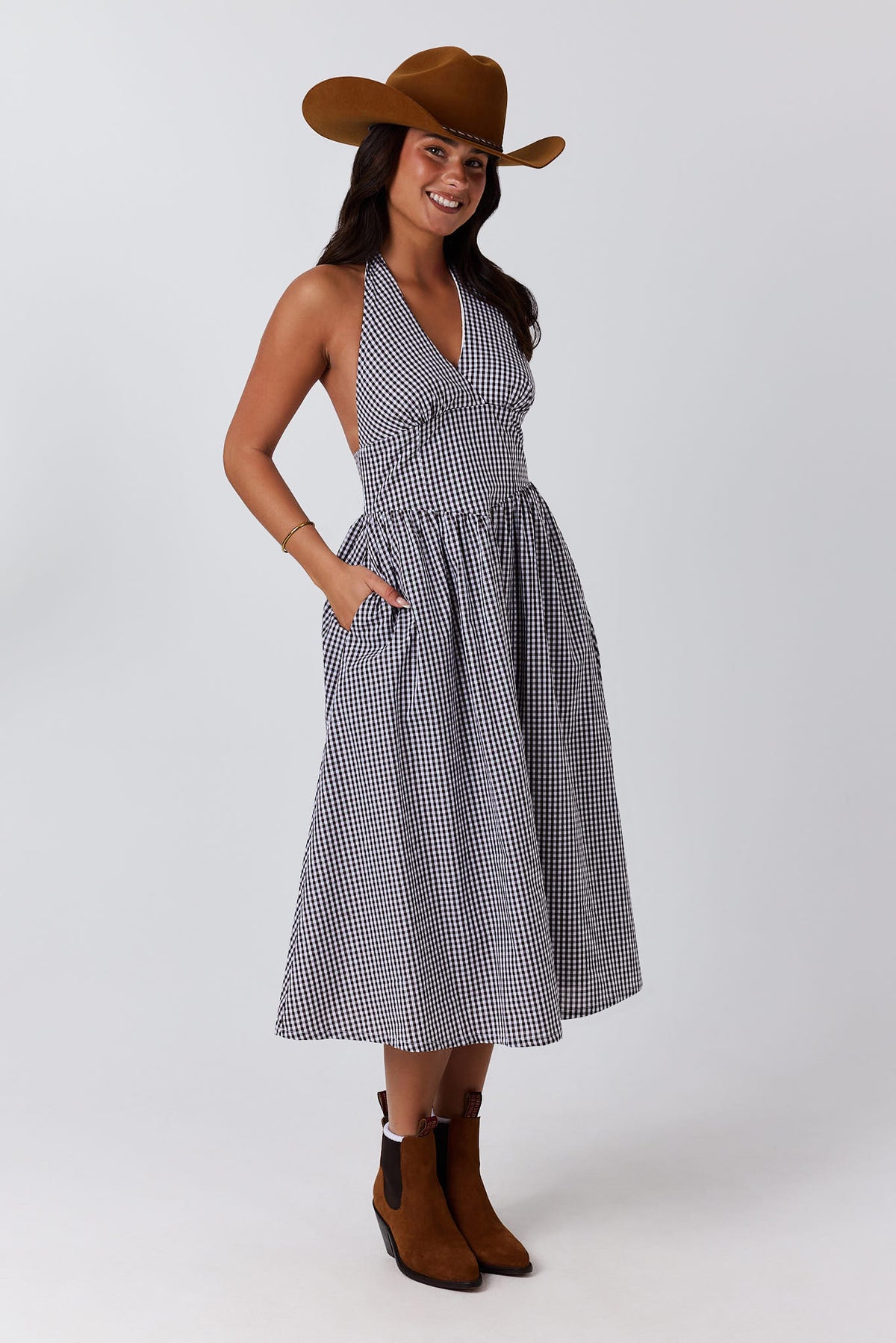 Ringers Western Charmayne Gingham Halter Neck Midi Dress - Chocolate