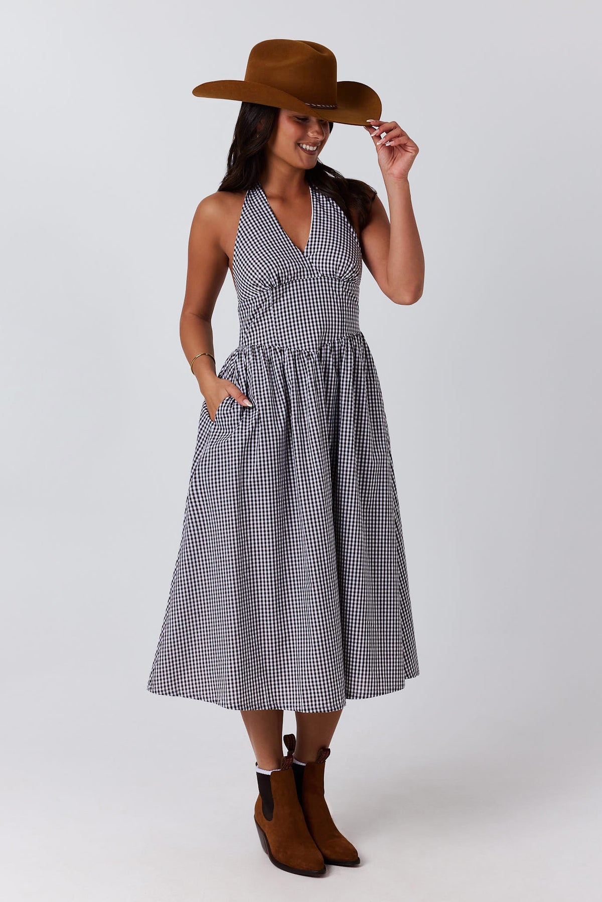 Ringers Western Charmayne Gingham Halter Neck Midi Dress - Chocolate