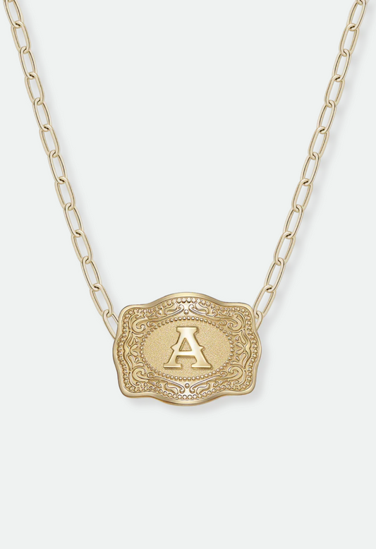 SpurWest Mini Belt Buckle Necklace (Initial) Paper Clip Chain (18" adjustable) - Gold