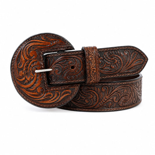 Challenger Western Floral Filigree Leather Belt - Tan/Turquoise
