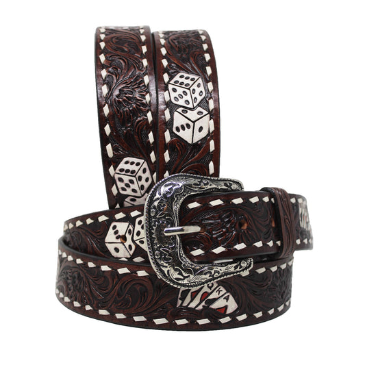 Challenger Western 1-1/2" Tooled Poker Dice Belt - Brown