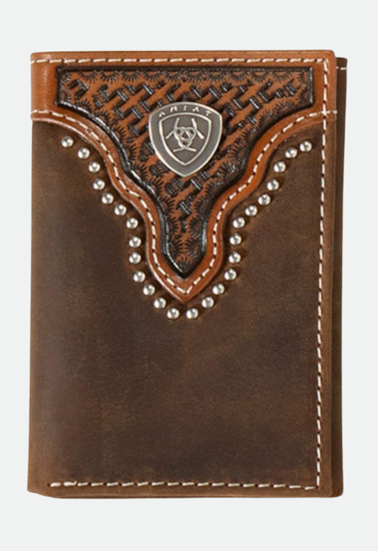 Ariat Mens Basket Weave Brown Trifold Wallet