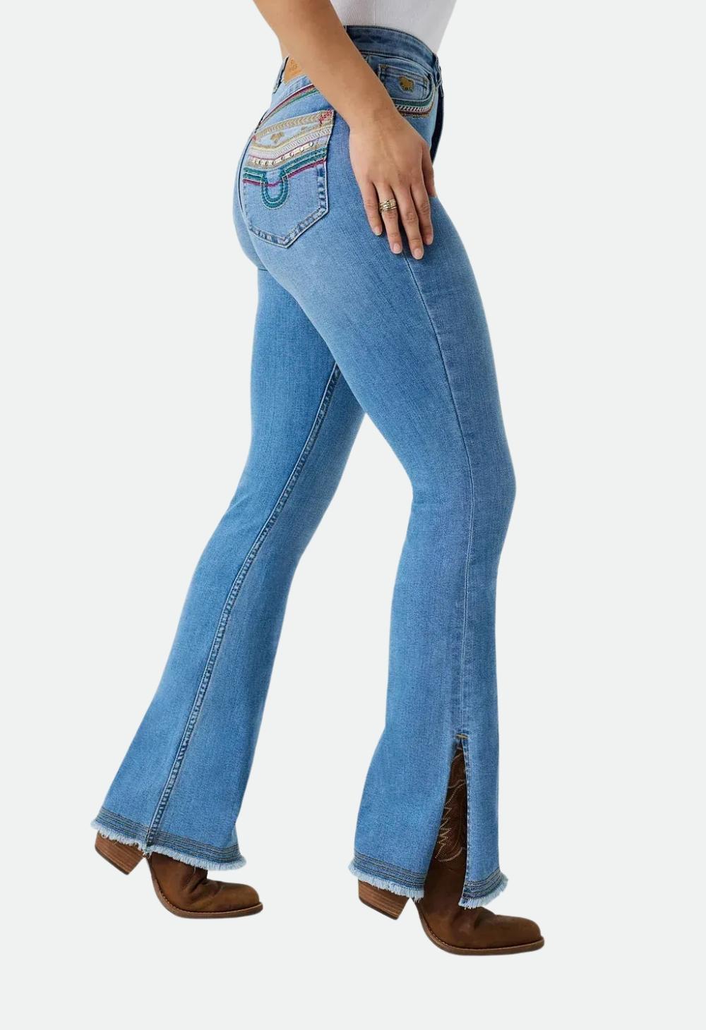Ringers Western Womens Penny Rodeo Festival High Rise Bootleg Jean - Mid Blue