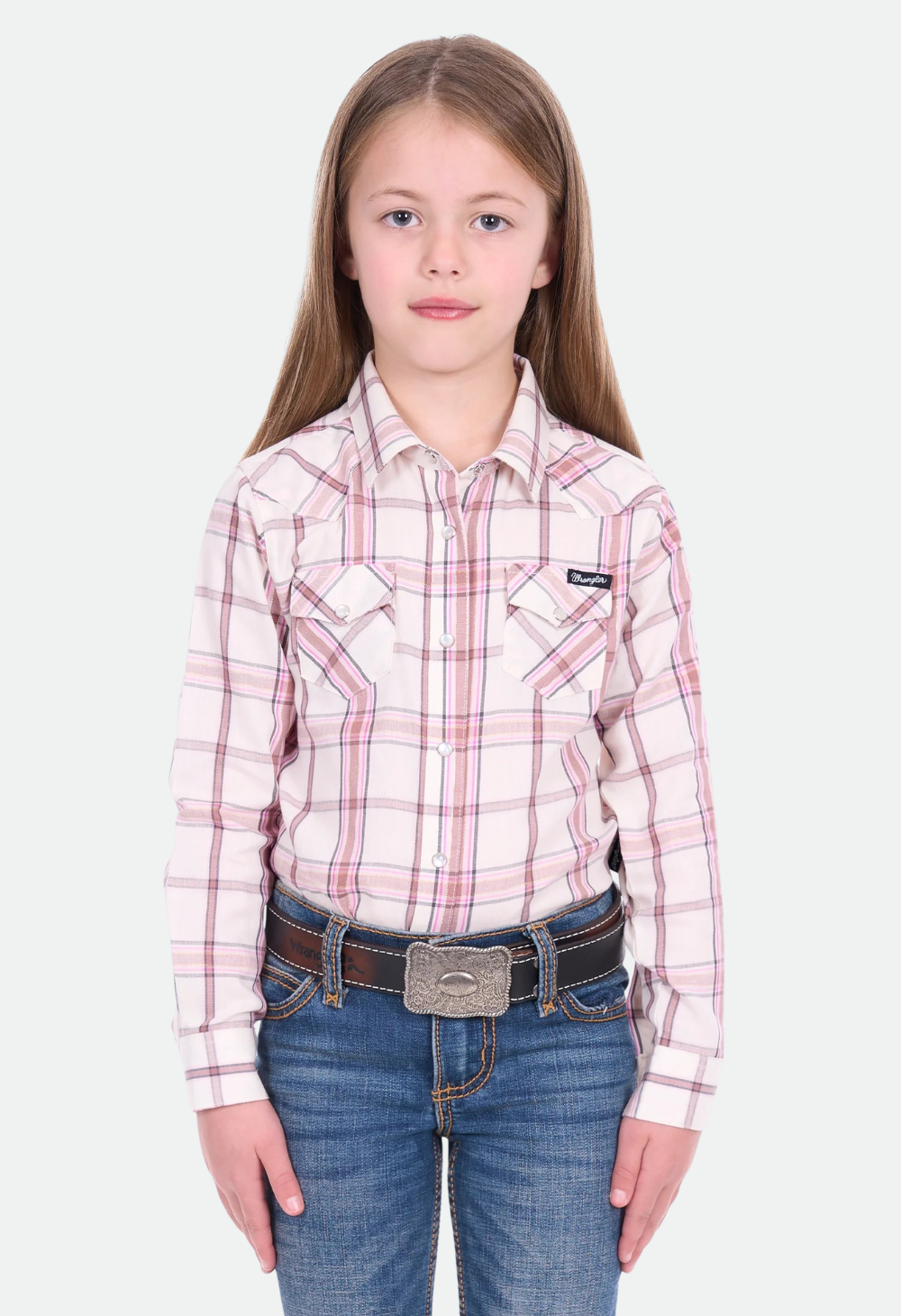 Wrangler Girl’s Henley Check Long Sleeve Shirt - Ivory/Pink