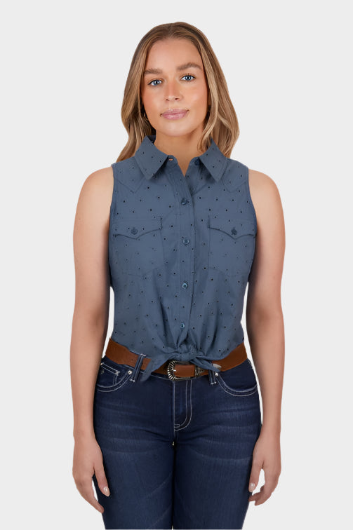 PURE WESTERN WOMENS  LOLA SLEEVELESS SHIRT (BLUE)