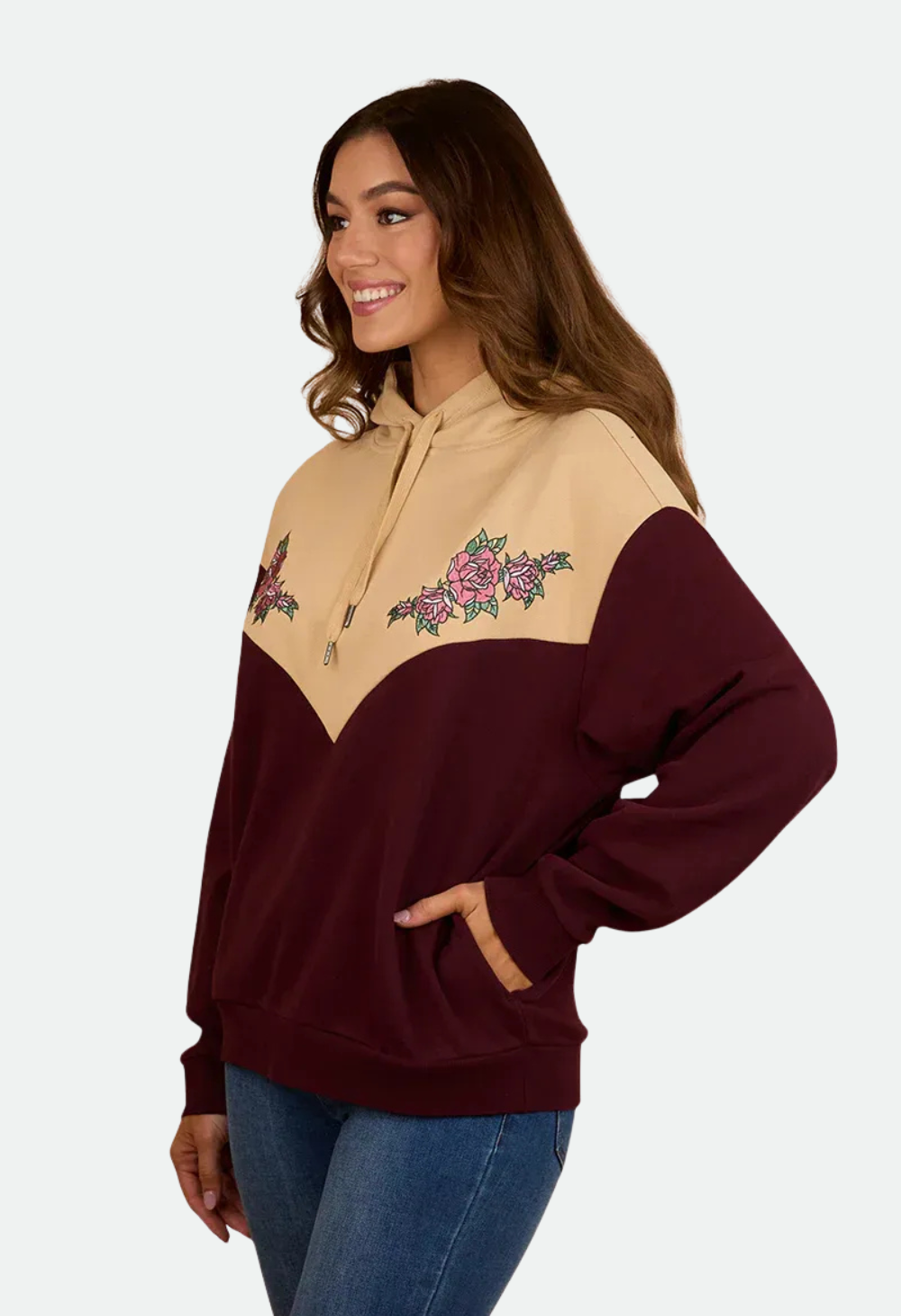 Ringers Western Women's Rosey Oversized Pullover Hoodie - Cabernet/Dark Sand