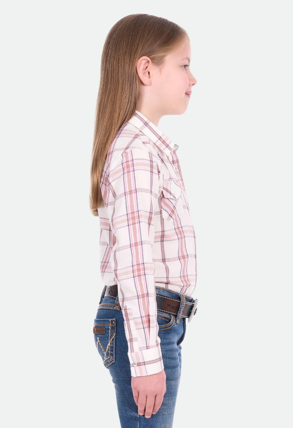 Wrangler Girl’s Henley Check Long Sleeve Shirt - Ivory/Pink