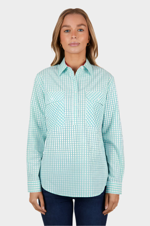 Hardslog Womens Lize 1/2 Placket L/S Shirt (Teal)-CLEARANCE