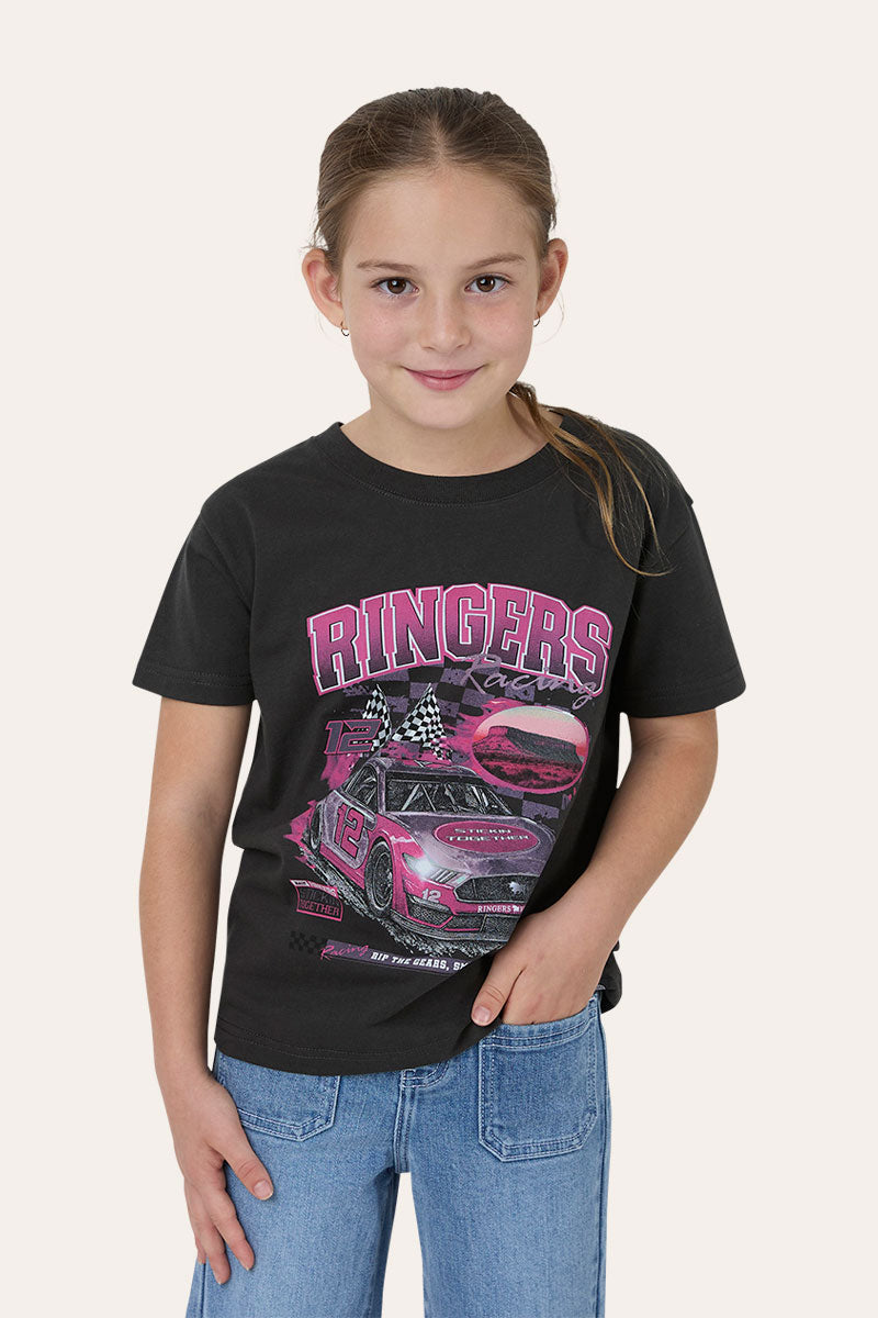 Ringers Western Kids Girls Racing T-Shirt - Charcoal