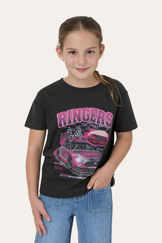 Ringers Western Kids Girls Racing T-Shirt - Charcoal