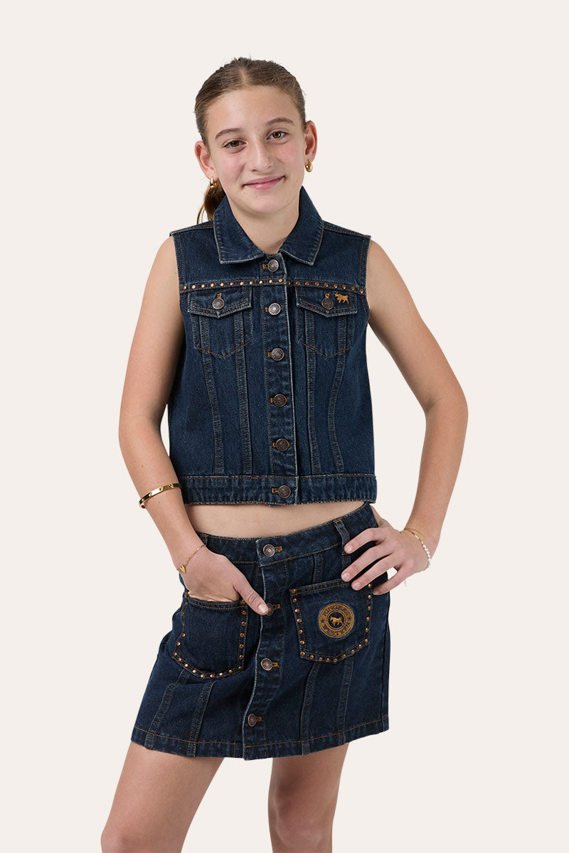 Ringers Western Cowgirl Squad Youth Girls Studded Mini Skirt - Vintage Blue Wash