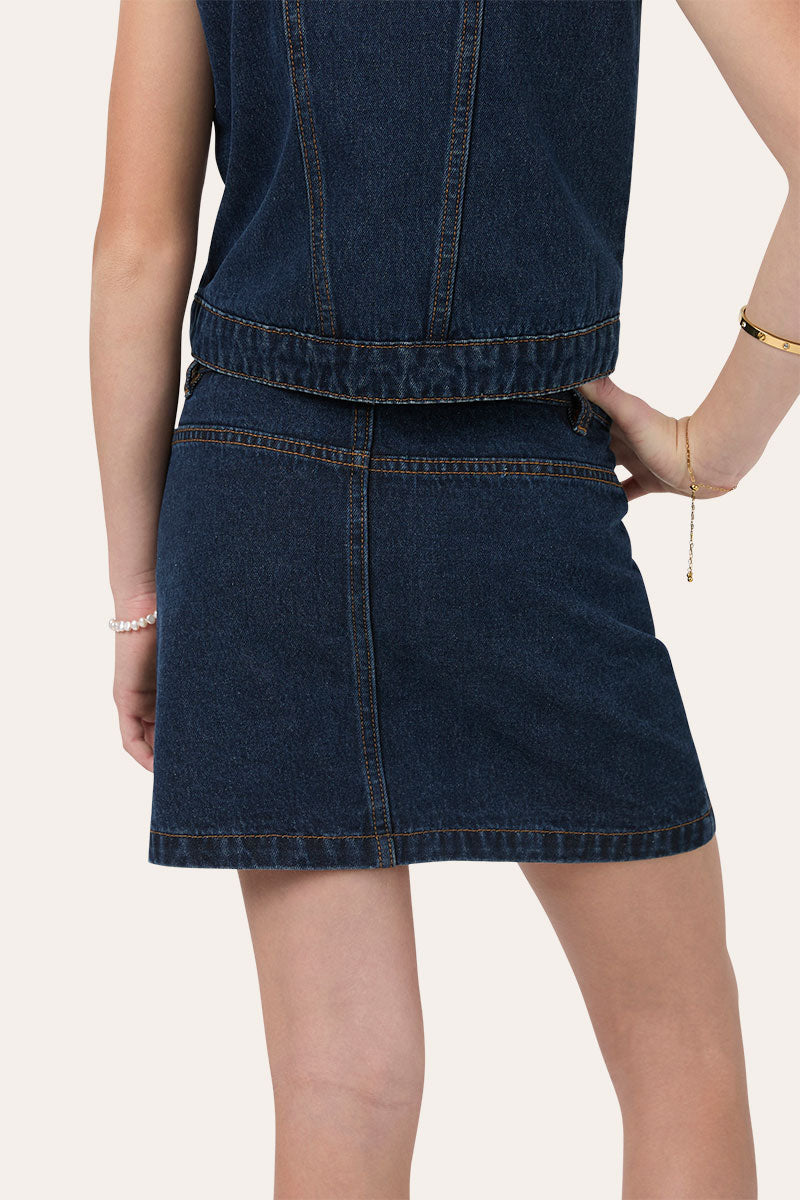 Ringers Western Cowgirl Squad Youth Girls Studded Mini Skirt - Vintage Blue Wash