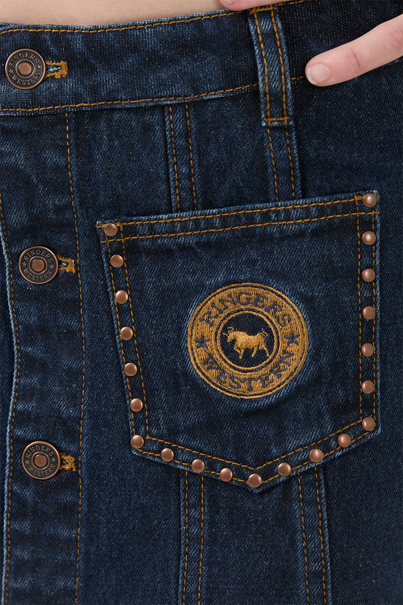 Ringers Western Cowgirl Squad Youth Girls Studded Mini Skirt - Vintage Blue Wash