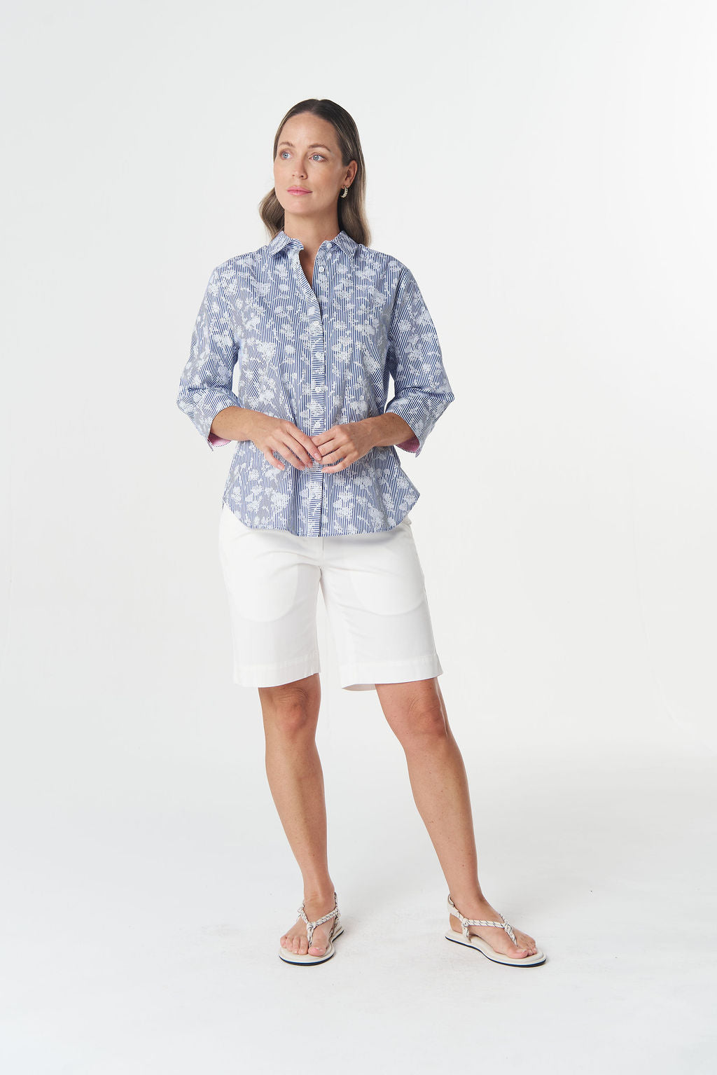 Goondiwindi Cotton Classic ¾ Sleeve Stripe Shirt - Azure Blue