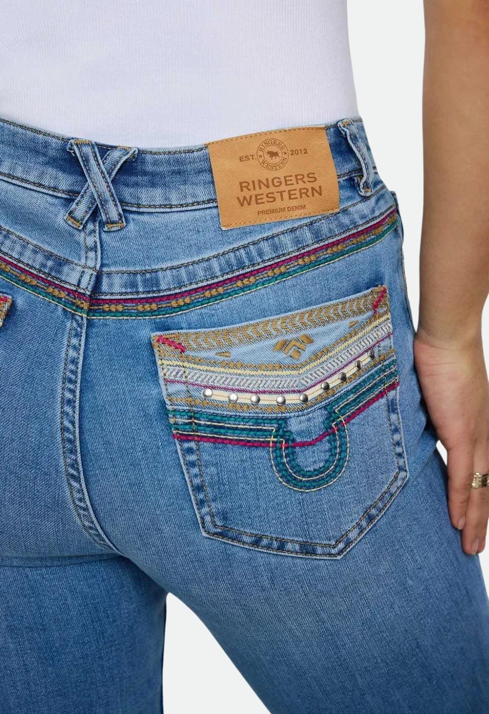 Ringers Western Womens Penny Rodeo Festival High Rise Bootleg Jean - Mid Blue