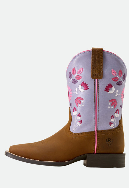 Ariat Girls' Wild Bloom Western Boots Square Toe - Distressed Brown|Mytic Lavender